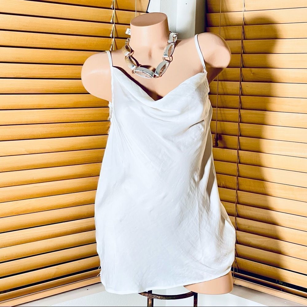 BCBG Sz L White Gauzy Light Chiffon Spaghetti Straps Cowl Neck Beautiful Top New